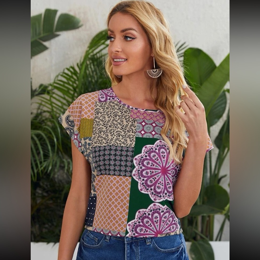 Boho Patchwork Bat Wing Sleeve Blouse